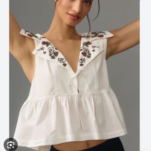 Anthropologie Maeve Babydoll Strawberry Embroidered Blouse - Picture 2 of 9